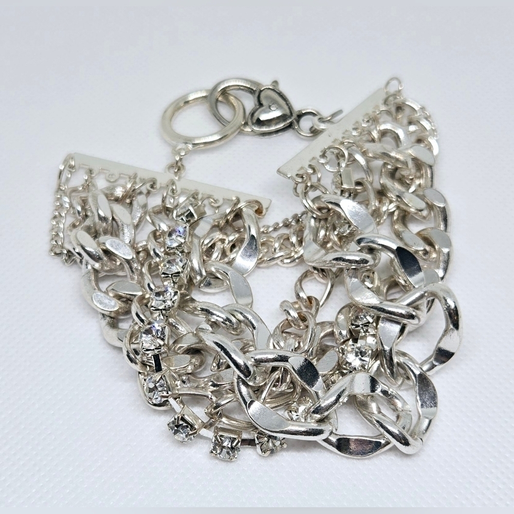 Silver Multi Strand Chain Bracelet Rhinestone Chunky Statement - Picture 3 of 6